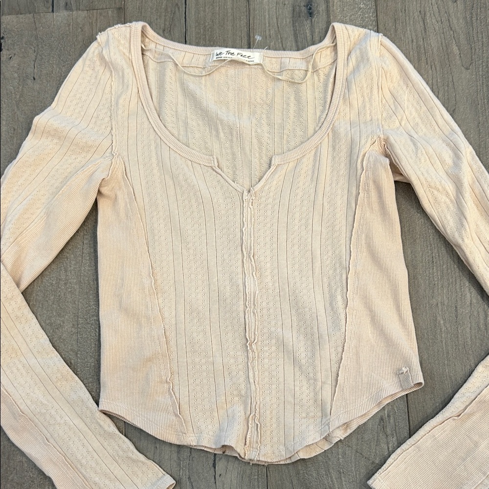 We The Free Ribbed Scoop Neck Long Sleeve Top in Light Peach